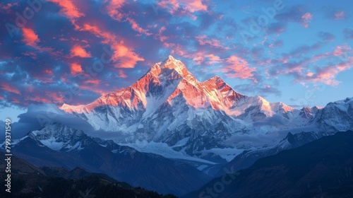 Mount Everest in the Himalayas during sunset
