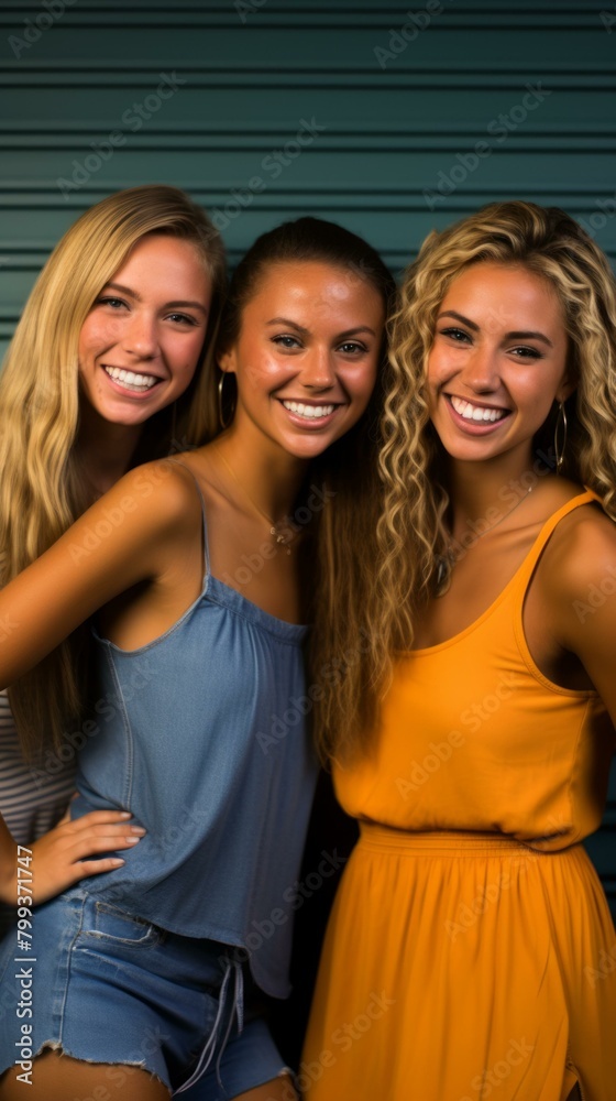 Fototapeta premium Three young women smiling and posing in front of a blue garage door