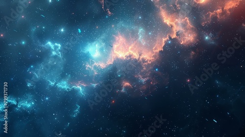 Interstellar space with glowing blue and orange nebulae and stars photo