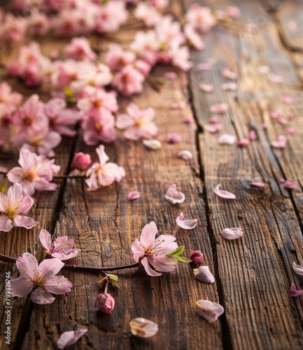 Pink cherry blossom flowers on a wooden background