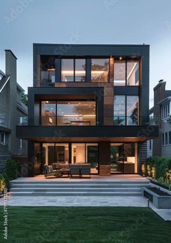 Black modern house exterior with large windows