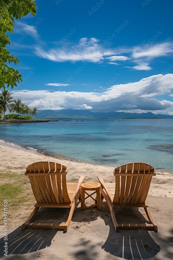 Two wooden chairs sit on a beach overlooking the ocean