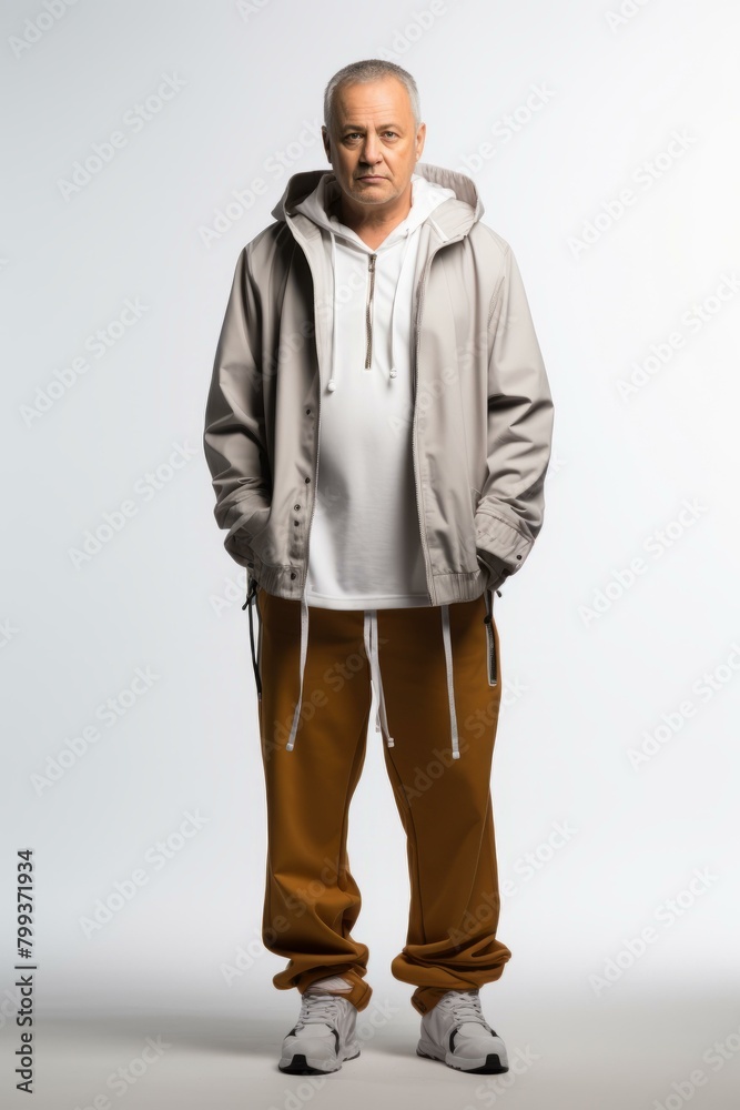 A man is posing in a studio wearing a white shirt, brown pants, and a beige jacket with his hands in his pockets A man is posing in a studio wearing a white shirt, brown pants, and a beige jacket with his hands in his pockets