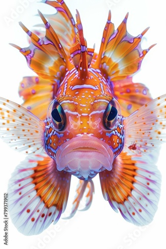 A closeup of a red lionfish with white background
