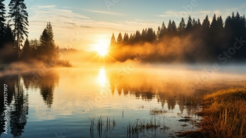 Misty lake at sunrise in the forest