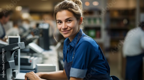 Portrait of a young woman working as a cashier in a supermarket