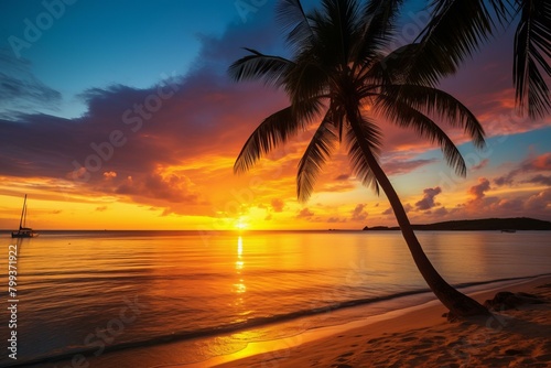Palm tree on a tropical beach during sunset