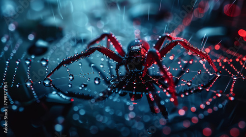 A spider is sitting on a web with raindrops on it photo