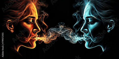 Two stylized portraits of women with smoke emanating from their mouths, set against a dark background.