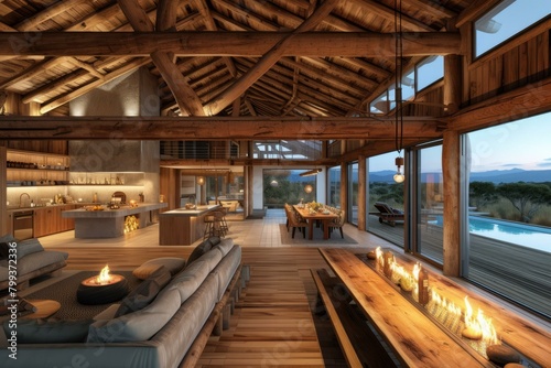 Rustic wooden house interior with pool