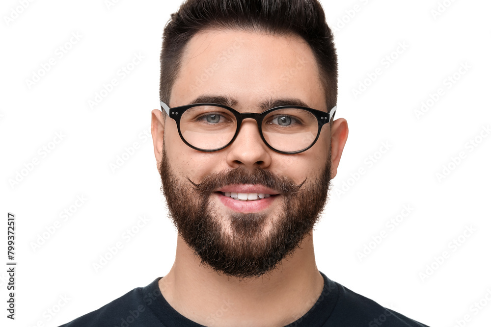 Portrait of happy young man with mustache on white background Portrait of happy young man with mustache on white background