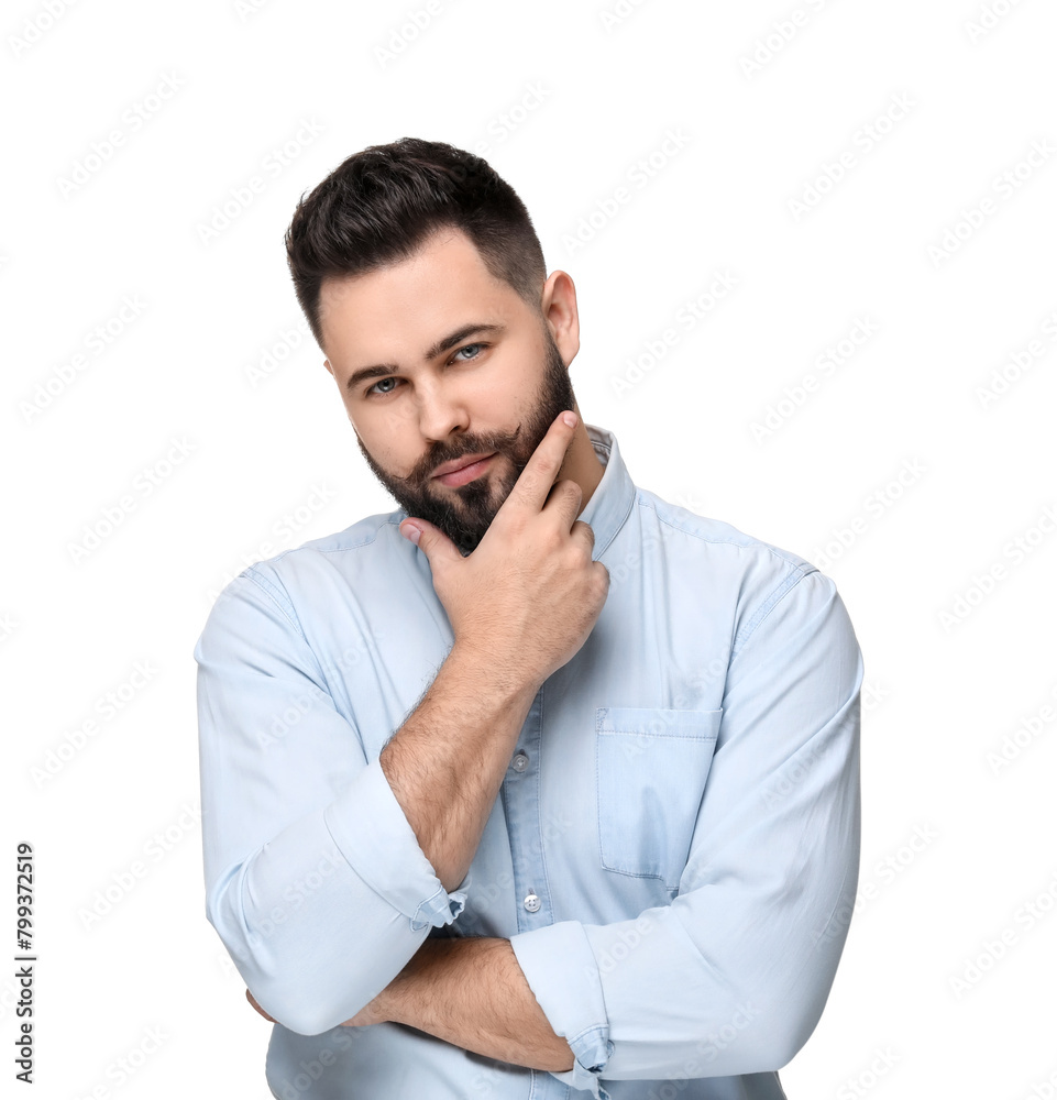 Portrait of young man with mustache on white background Portrait of young man with mustache on white background