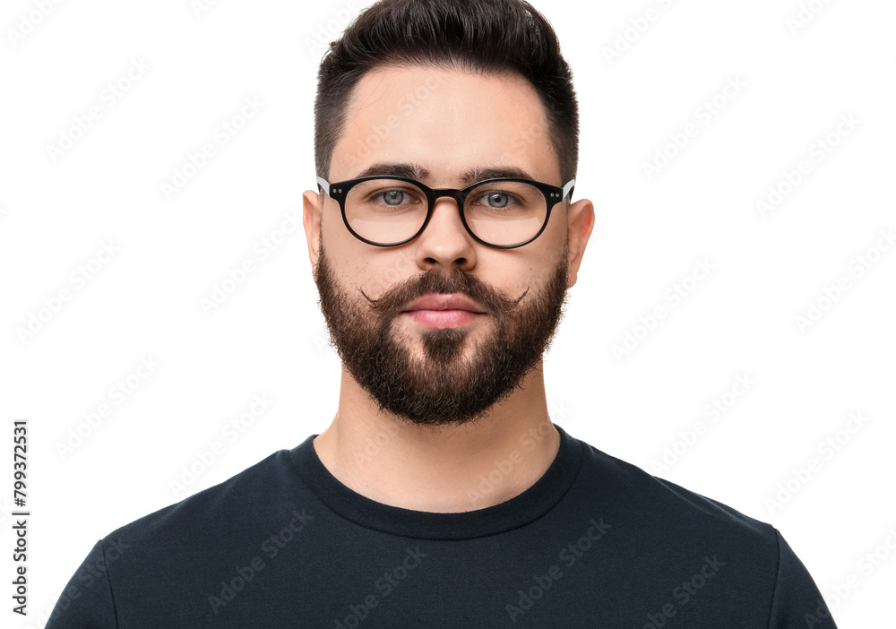 Portrait of young man with mustache on white background Portrait of young man with mustache on white background