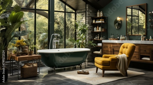 Bathroom With Large Windows and Green Bathtub photo