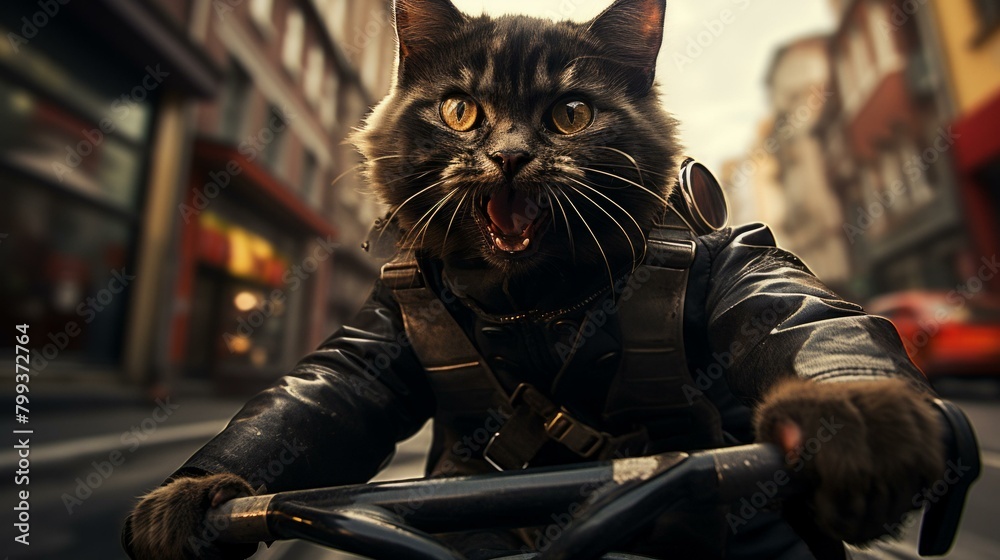 A cat wearing a leather jacket and goggles rides a motorcycle. A cat wearing a leather jacket and goggles rides a motorcycle.