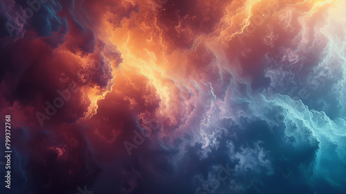 A colorful space scene with a mix of red, blue, and yellow clouds © ART IS AN EXPLOSION.