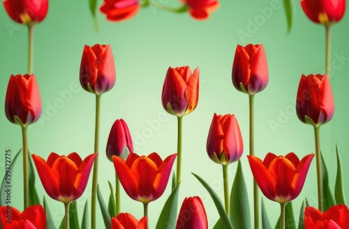 Beautiful background of fresh flowers red tulips. Colorful tulip flowers decoration. Greeting card for spring holidays. Template for Birthday  Women s Day  Mother s Day. Floral picture.