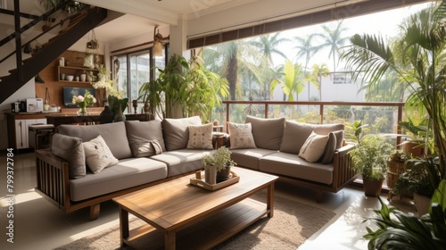 spacious living room with large windows and a tropical view