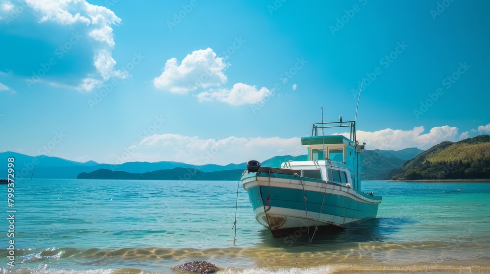 Traditional japanese fishing boat docked at beautiful scenic beach 