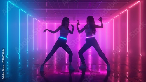 Two women dancing in a neon-lit room