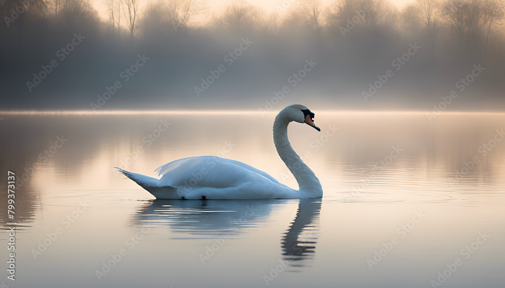 Serene Swan Gliding on Misty Waters at Dawn, Generative AI Serene Swan Gliding on Misty Waters at Dawn, Generative AI