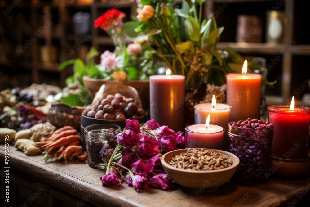 Dried herbs, flowers, and candles on a wooden table