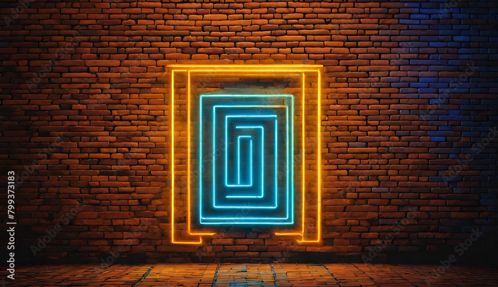 Square shaped glowing neon frame on brick wall in dark room, Neon ...