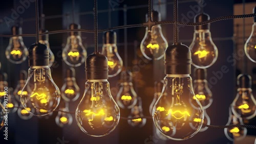 Glowing incandescent Vintage Edison lamps, casting a warm, inviting glow. Depth of field. Perfect for background ambiance in various settings. Ultra HD 4K 3840x2160 3D Animation photo