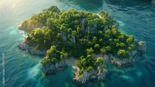 Small rocky island with green vegetation and a small sandy beach in the middle of the ocean