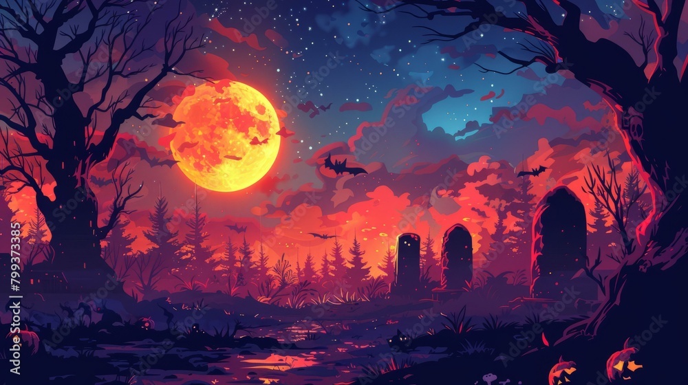 Halloween landscape with full moon and spooky trees