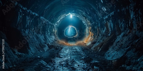 Dark Glowing Mysterious Underground Mine Tunnel