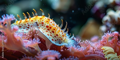 A Colorful Nudibranch Crawls on a Pink Coral Reef © Adobe Contributor