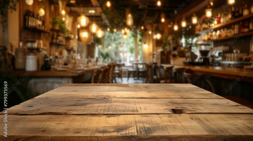 Rustic wooden table in a restaurant with a blurred background