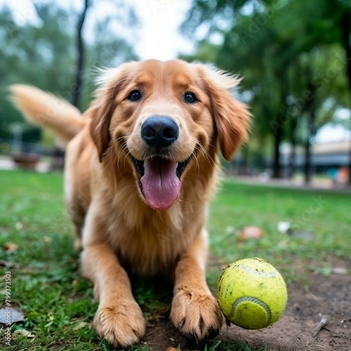 A Golden Retriever Dog Playing With A Tennis Ball In The Park