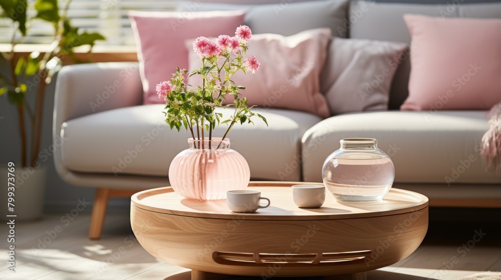 Elegant living room interior with stylish furniture and pink flowers in vase on round wooden table