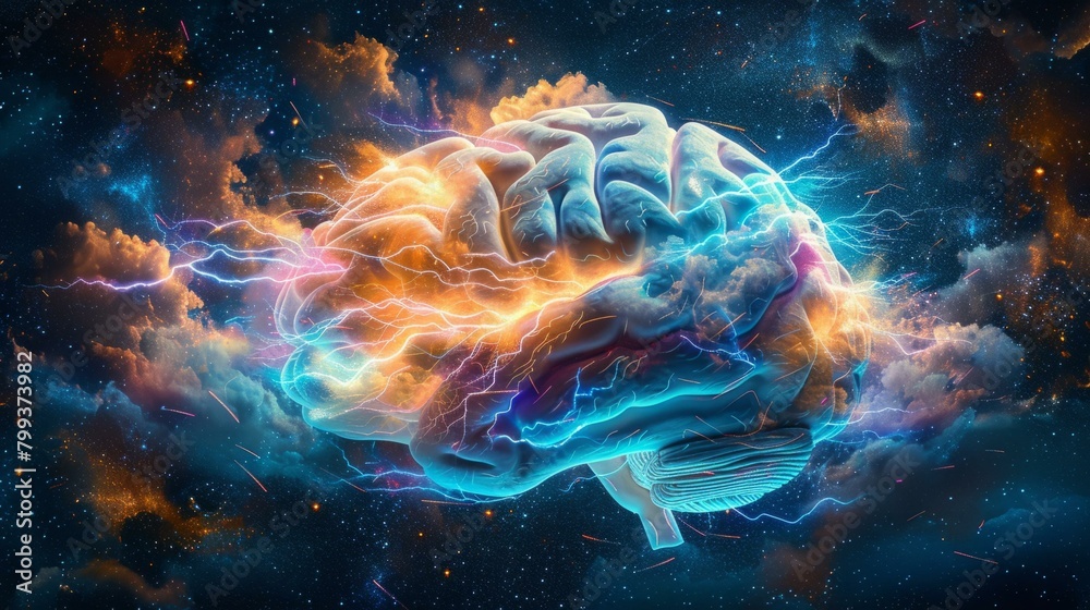 Naklejka premium Brain with lightning bolts and glowing stars
