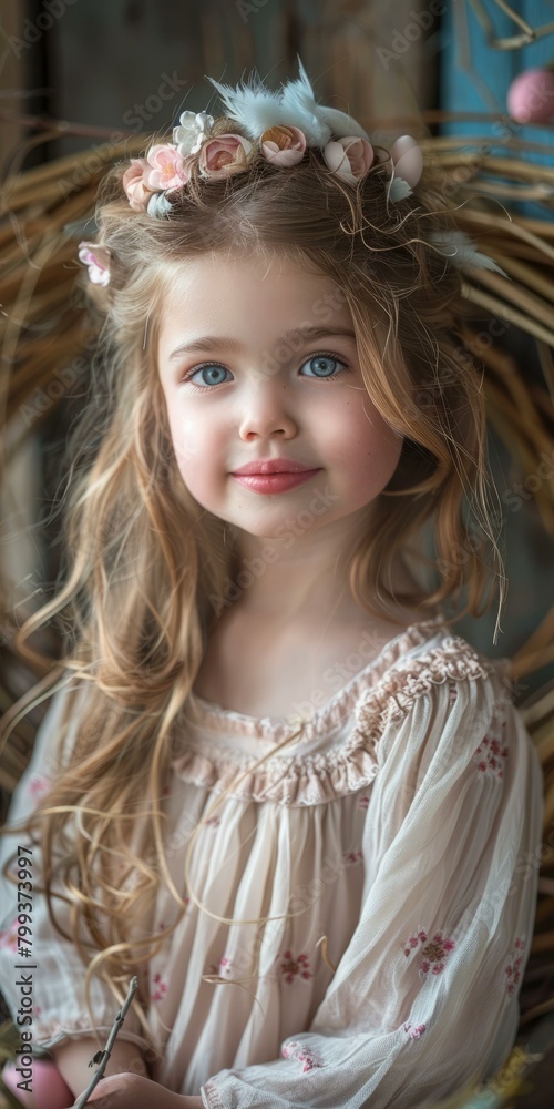 Portrait of a cute little girl with long blond hair and blue eyes wearing a floral headband