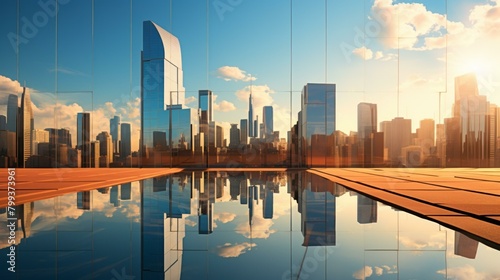 A stunning view of a modern city with skyscrapers and a reflecting pool in the foreground