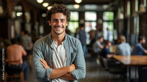 Portrait of a smiling young man with curly hair standing in a library with people in the background