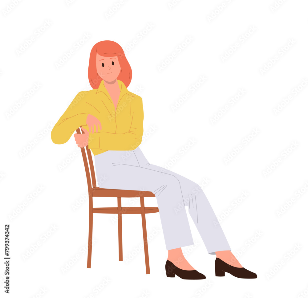 Positive woman cartoon character sitting on chair and listening with interest isolated on white Positive woman cartoon character sitting on chair and listening with interest isolated on white