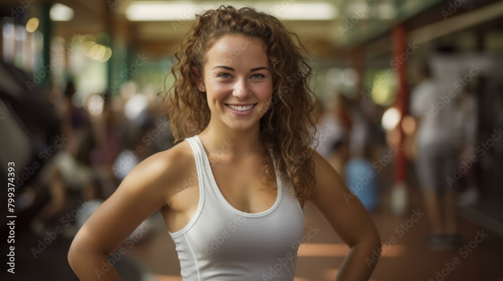 Portrait of a young woman with curly hair smiling in a white tank top
