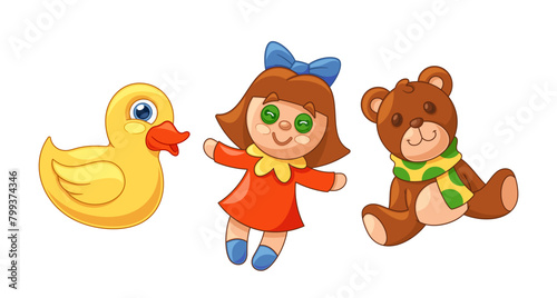 Colorful Kids Toys, Plush Teddy Bear, Doll and Yellow Rubber Duck, Action Figures, Art Supplies, Imaginative Playthings