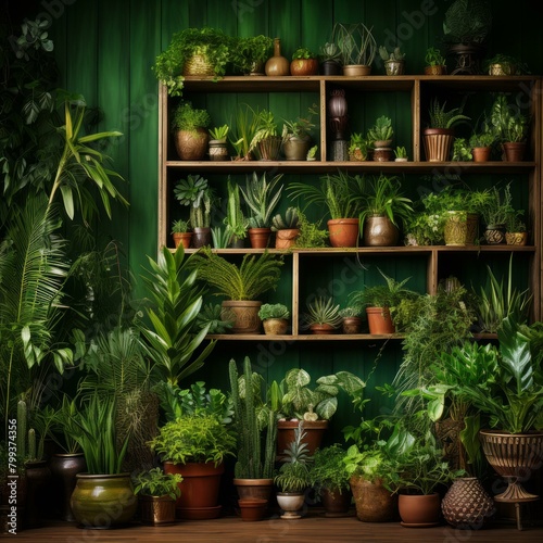 An abundance of indoor plants in a variety of pots and containers creates a lush green wall in front of a dark green wood plank wall.