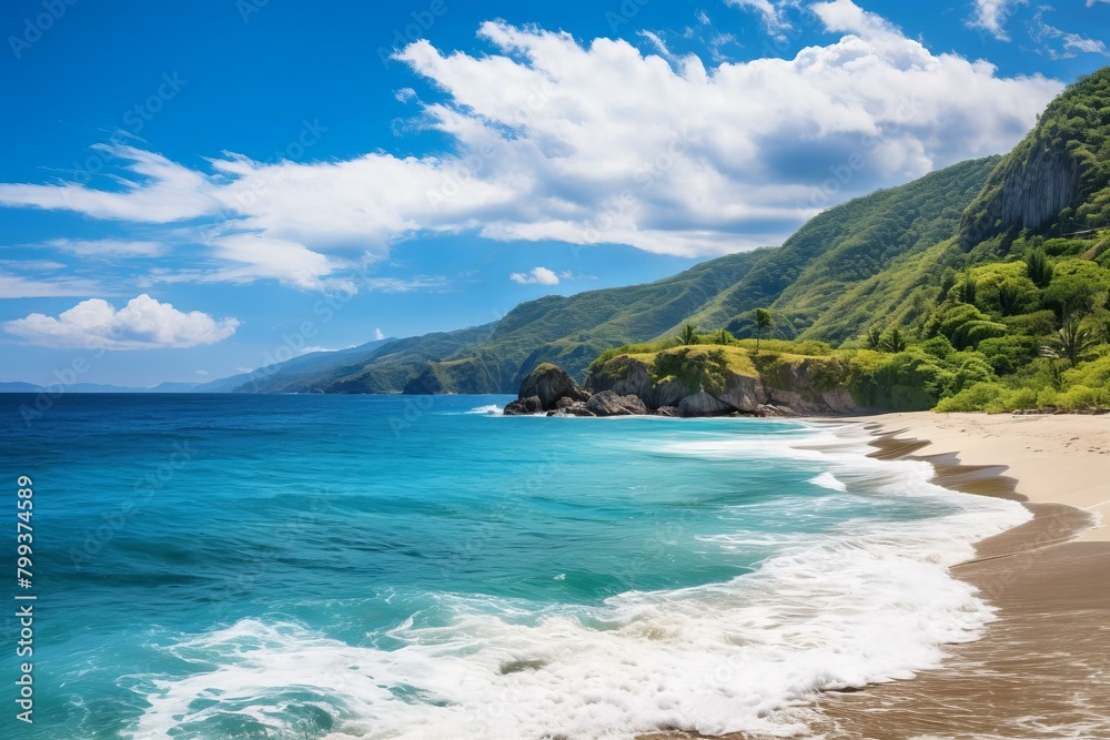 Beautiful beach landscape with blue sea and green mountains