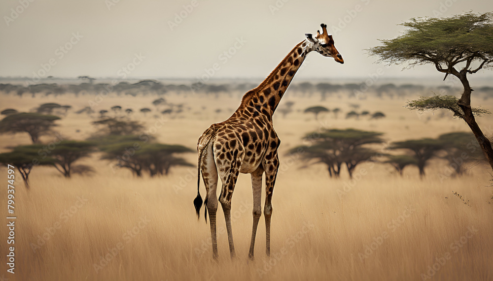 Obraz premium Majestic Giraffe Strolling through African Savanna at Dusk, Generative AI