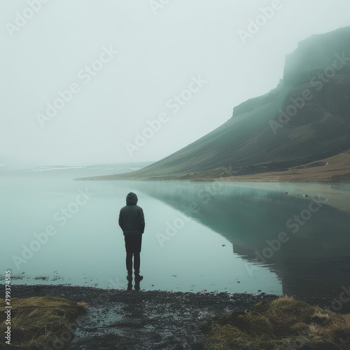 Man standing alone on a beach in Iceland with a mountain in the background