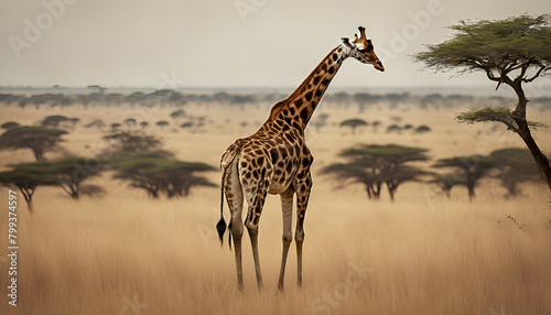 Majestic Giraffe Strolling through African Savanna at Dusk  Generative AI