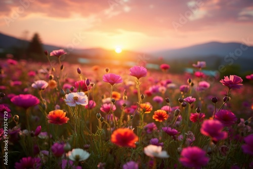 Field of flowers at sunset