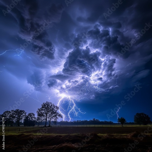 Huge storm clouds gather over rural farmland with bolts of lightning striking the ground