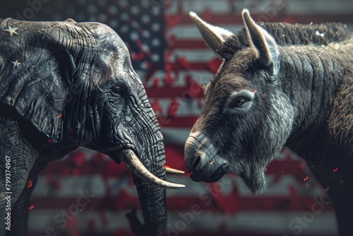The elephant and donkey political debate. Metaphor with Republicans and Democrats in US politics. Elephant vs donkey photo